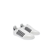 Dsquared men white leather slip on sporty sneakers featuring black stripes and a sleek minimalist design