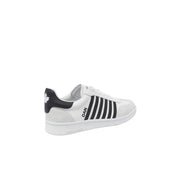 Back view of dsquared men white leather slip on sporty sneaker with black stripes and maple leaf logo on heel