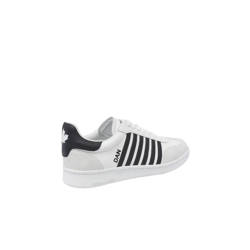 Back view of dsquared men white leather slip on sporty sneaker with black stripes and maple leaf logo on heel