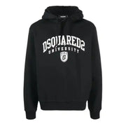 Dsquared Schwarzer Herren-Kapuzenpullover aus Baumwolle mit weißem, geschwungenem dsquared2-Schriftzug und Schildlogo auf der Vorderseite