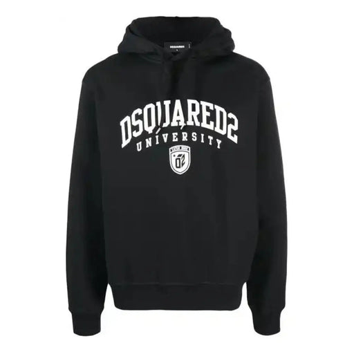 Dsquared Schwarzer Herren-Kapuzenpullover aus Baumwolle mit weißem, geschwungenem dsquared2-Schriftzug und Schildlogo auf der Vorderseite