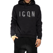 Dsquared Schwarzer Herren-Baumwollhoodie mit Icondesign aus funkelnden Strasssteinen auf der Brust