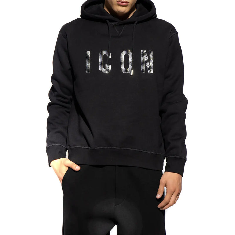 Dsquared Schwarzer Herren-Baumwollhoodie mit Icondesign aus funkelnden Strasssteinen auf der Brust