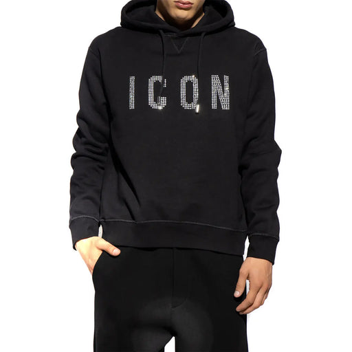 Dsquared Schwarzer Herren-Baumwollhoodie mit Icondesign aus funkelnden Strasssteinen auf der Brust