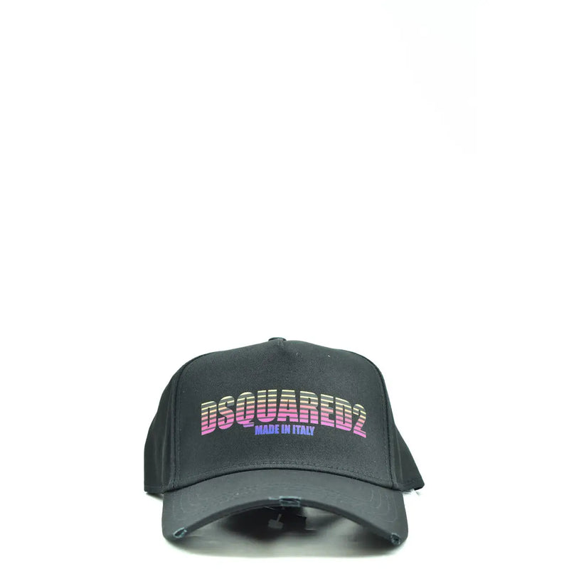 Dsquared2 Herren-Baseballkappe aus schwarzer Baumwolle im Used-Look mit pink-lila Farbverlauf-Logo auf der Vorderseite
