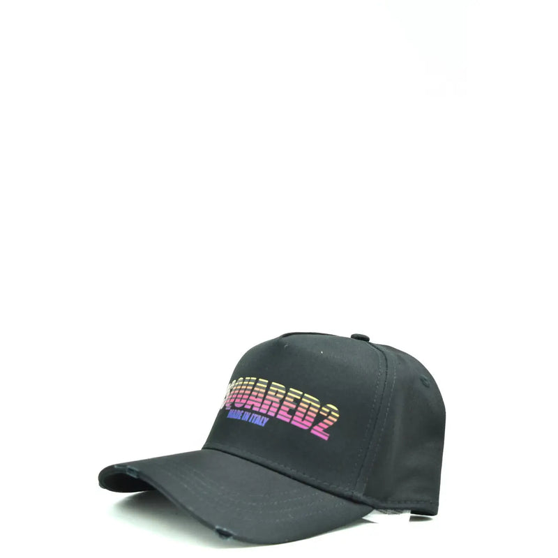 Schwarze Dsquared2-Baseballkappe aus Baumwolle im Used-Look mit leuchtendem Regenbogen-Farbverlauf-Logo und dem Schriftzug „Made in Italy“ darunter.