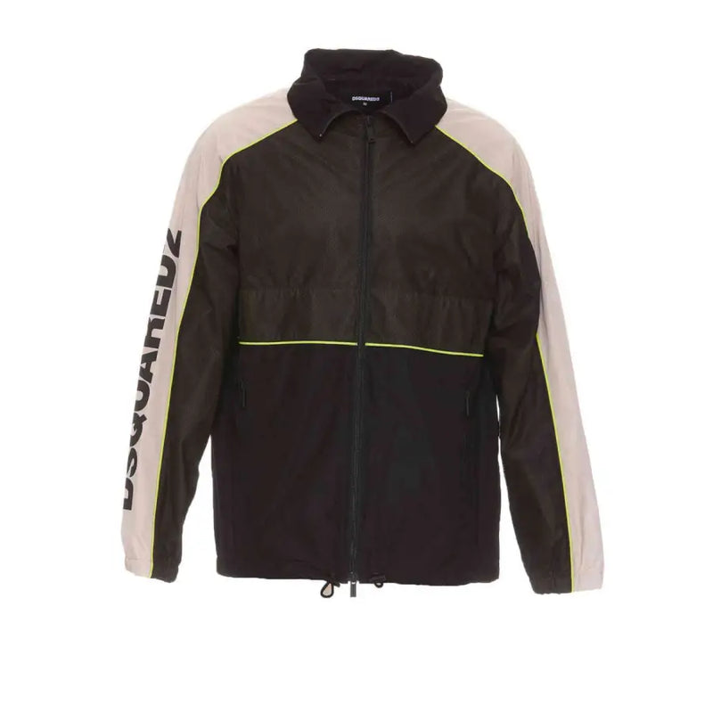 Men’s black and beige color block windbreaker jacket with neon yellow stripe and full zip