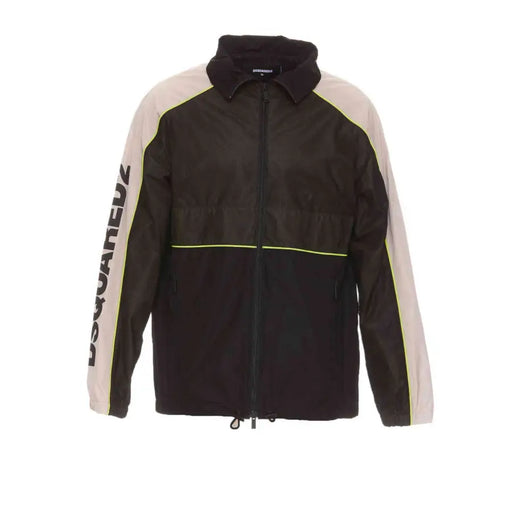 Men’s black and beige color block windbreaker jacket with neon yellow stripe and full zip