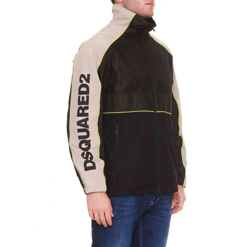 Men’s black and beige color block windbreaker jacket with neon yellow piping for Dsquared2 collection