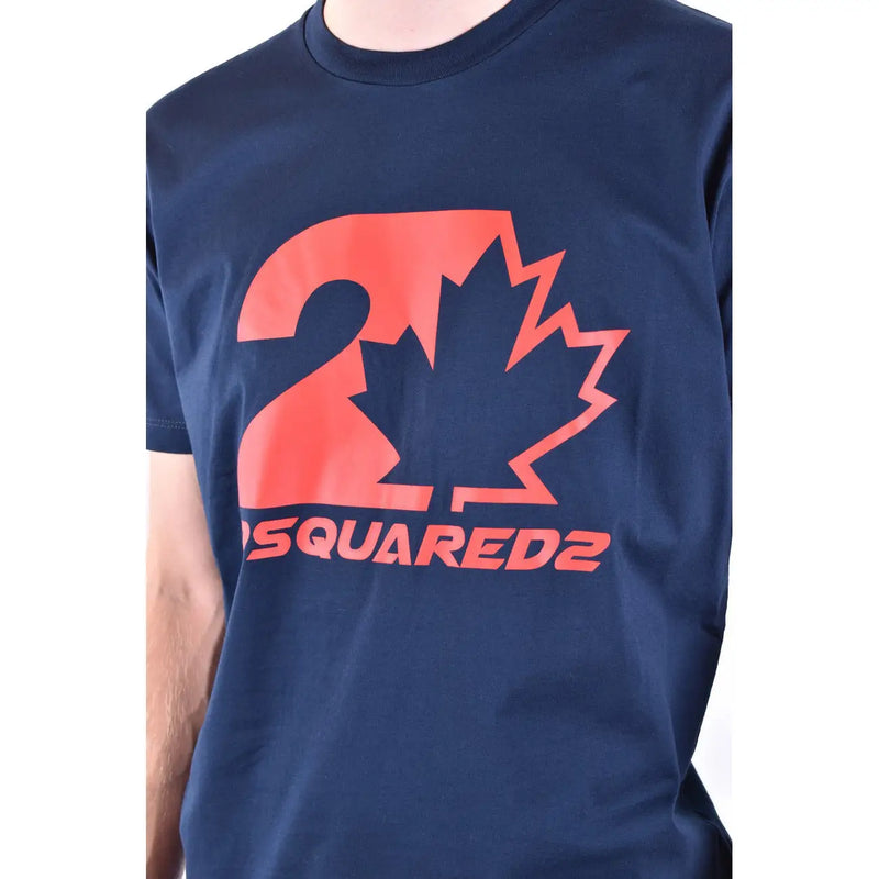 Marineblaues dsquared2 Herren-Baumwoll-T-Shirt mit Rundhalsausschnitt und auffälligem orangefarbenem Ahornblatt- und Markennamensdruck (siehe unten)