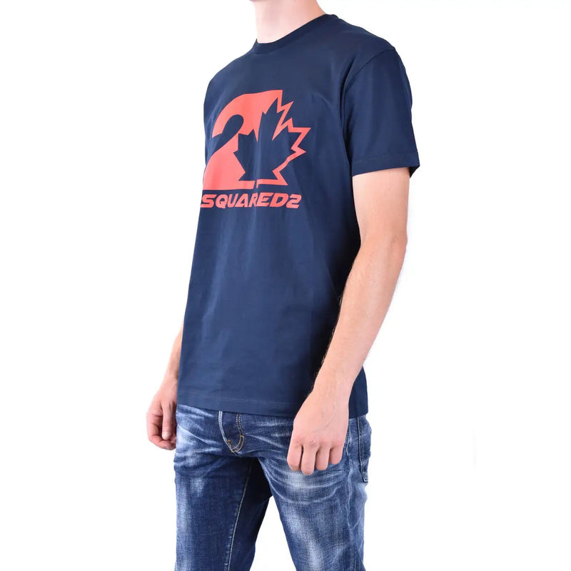 Marineblaues Dsquared2 Herren-Baumwoll-T-Shirt mit auffälligem orangefarbenem Ahornblatt und Dsquared2-Logo auf der Brust und Rundhalsausschnitt