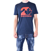 Marineblaues Dsquared2 Herren-Baumwoll-T-Shirt mit Rundhalsausschnitt und auffälligem orangefarbenem Ahornblatt- und Nummer-2-Motiv auf der Brust
