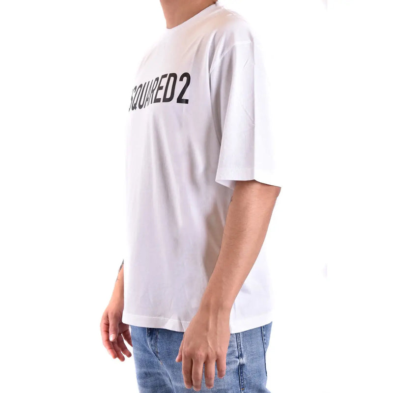 Weißes dsquared2 Herren-Baumwoll-T-Shirt mit Rundhalsausschnitt und schwarzem dsquared2-Logo auf der Brust