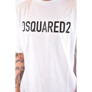 Weißes Dsquared2 Herren-Baumwoll-T-Shirt mit auffälligem schwarzem Schriftzug auf der Brust und Rundhalsausschnitt