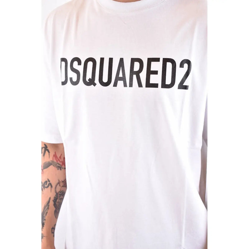 Weißes Dsquared2 Herren-Baumwoll-T-Shirt mit auffälligem schwarzem Schriftzug auf der Brust und Rundhalsausschnitt
