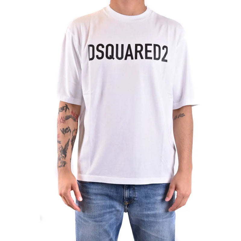 Weißes dsquared2 Herren-Baumwoll-T-Shirt mit Rundhalsausschnitt und auffälligem schwarzem Schriftzug auf der Brust