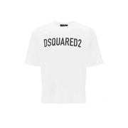 Weißes dsquared2 Herren-Baumwoll-T-Shirt mit Rundhalsausschnitt und markantem, schwarzem, bogenförmigem Schriftzug auf der Brust