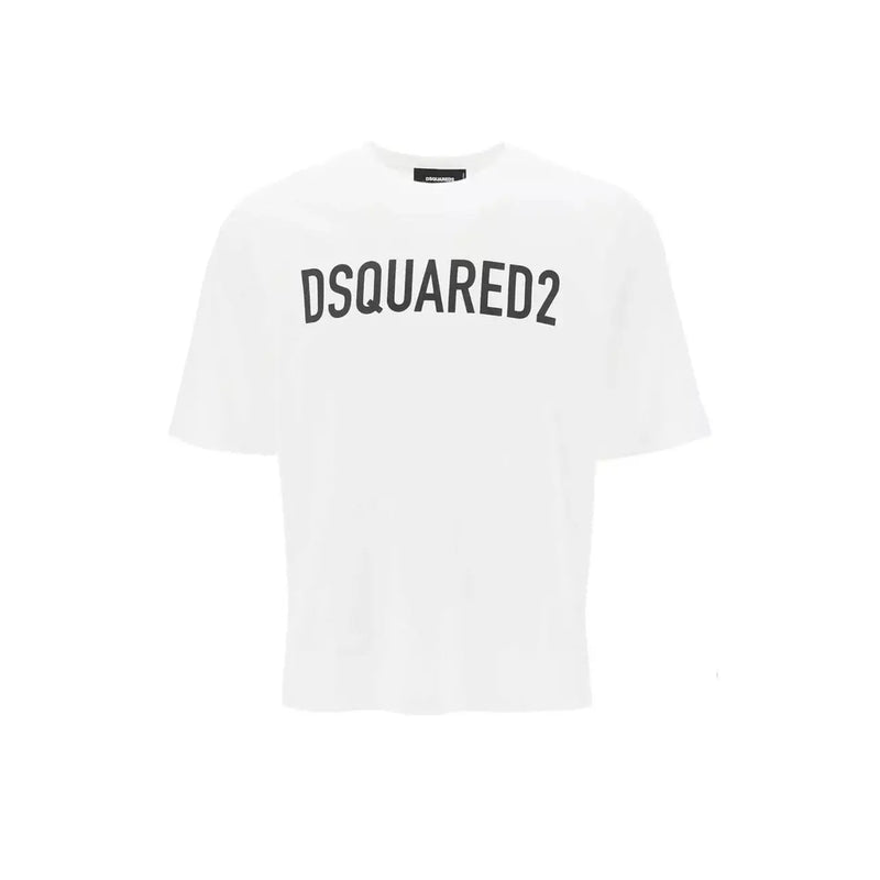 Weißes dsquared2 Herren-Baumwoll-T-Shirt mit Rundhalsausschnitt und markantem, schwarzem, bogenförmigem Schriftzug auf der Brust