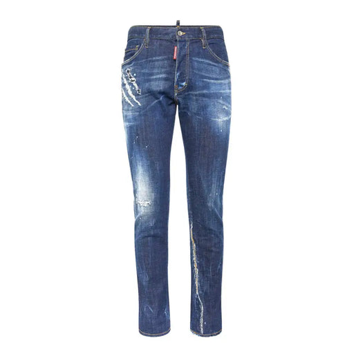 Dunkelblaue, im Used-Look gehaltene Dsquared2 Herrenjeans aus verwaschenem Baumwoll-Elastan mit Used-Effekt und Markenlabel am Bund