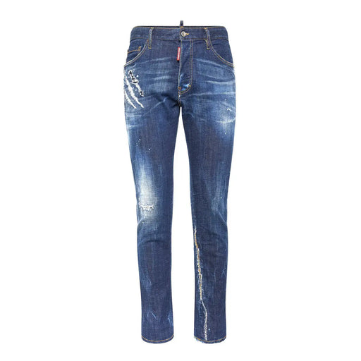 Dark blue distressed dsquared2 men jeans with faded wash cotton elastane featuring worn out effect and brand label on waistband