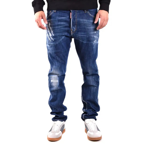 Dunkelblaue, abgenutzte Jeans aus Baumwoll-Elastan mit verwaschenem Look und Rissen, die hinten sichtbar sind, mit dsquared2-Label