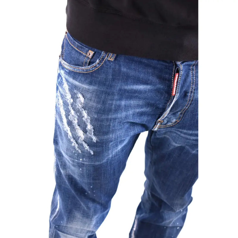 Dsquared2 Herrenjeans, blau mit Used-Look, mit abgenutzter Waschung und weißen Kratzern auf Baumwoll-Elasthan.