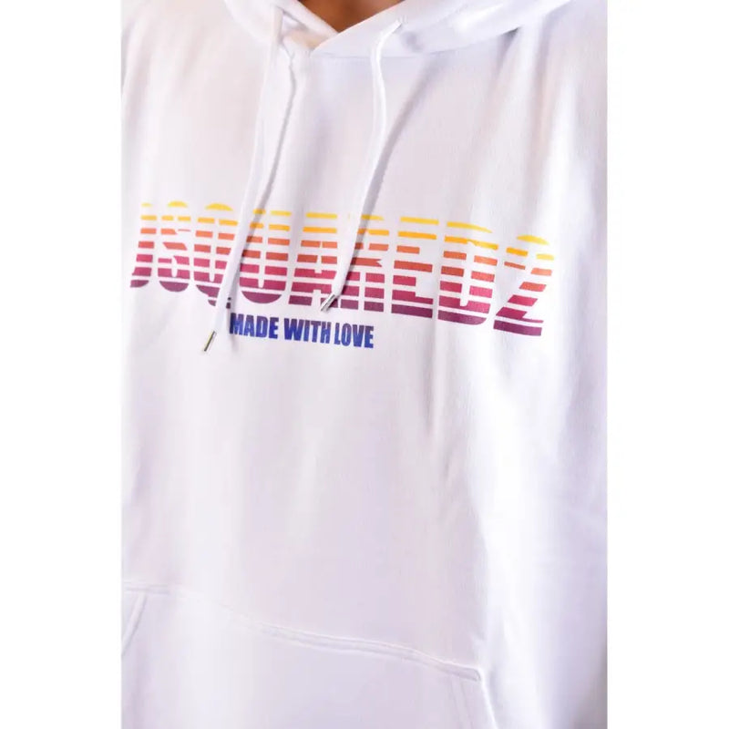 Weißes Dsquared2 Herren-Sweatshirt aus Baumwolle mit Kapuze, bedruckt mit einem regenbogenfarbenen Logo-Farbverlauf und blauem „Made with Love“-Schriftzug