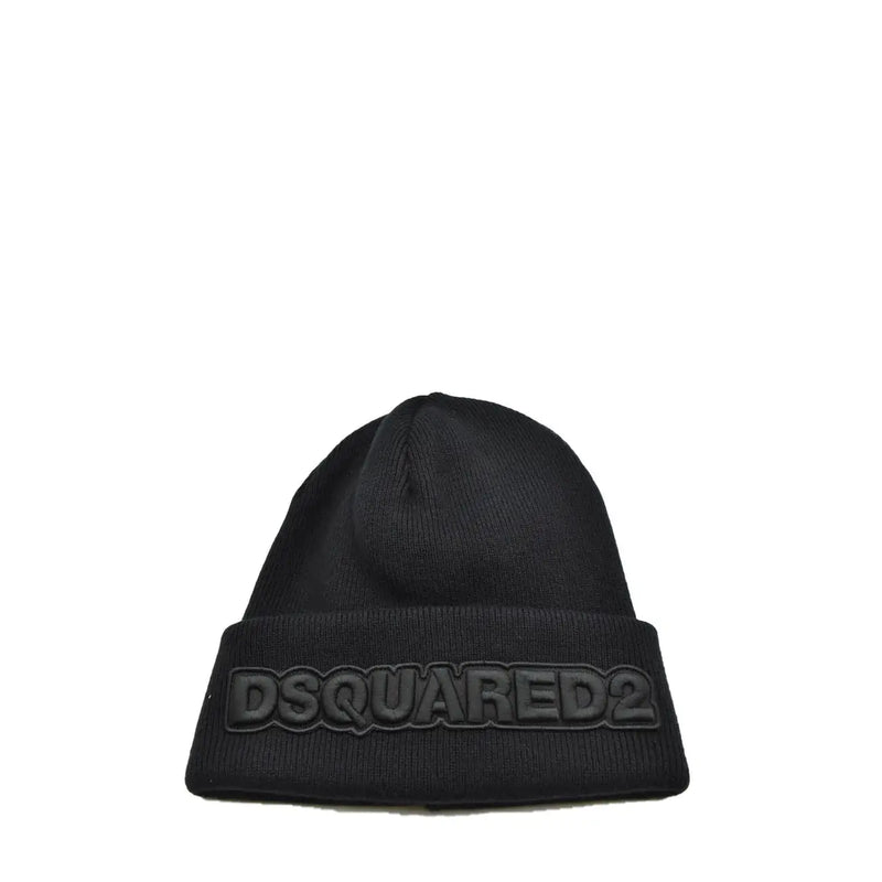 Schwarze dsquared2 Herren-Wollmütze mit Rippstrickstruktur und markantem, erhabenem Logo auf dem umgeschlagenen Rand für Herbst und Winter