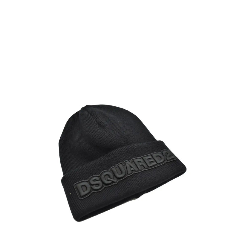 Schwarze Dsquared2 Herren-Wollmütze mit gerippter Strickstruktur und dunkelgrauem, gesticktem Logo am umgeschlagenen Bündchen für Herbst und Winter