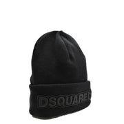 Schwarze Dsquared2 Herren-Wollmütze mit Rippstrickstruktur und schwarzer Logostickerei am umgeschlagenen Bündchen für Herbst und Winter