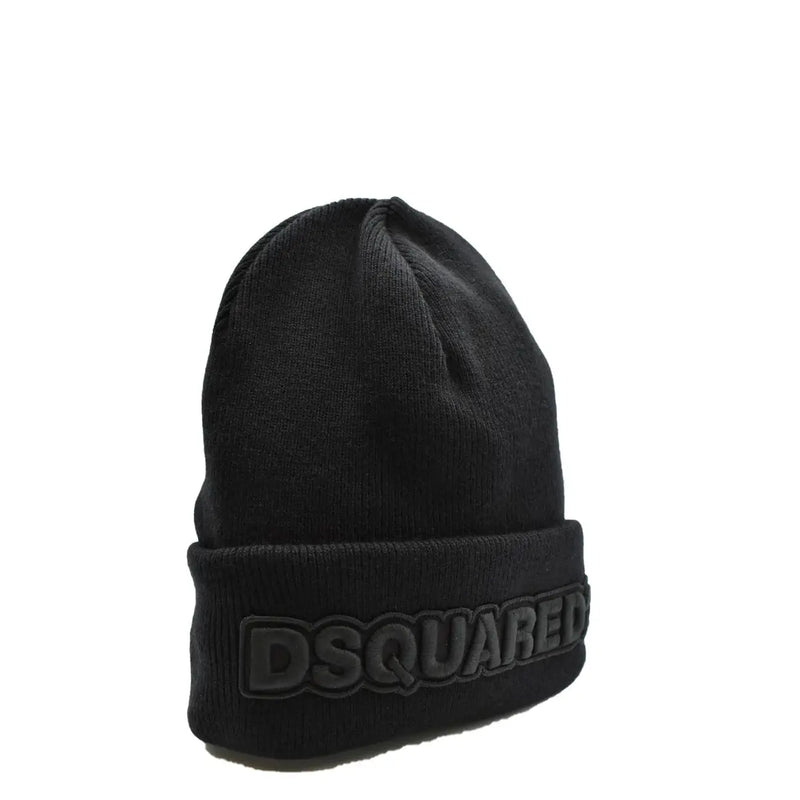 Schwarze Dsquared2 Herren-Wollmütze mit Rippstrickstruktur und schwarzer Logostickerei am umgeschlagenen Bündchen für Herbst und Winter