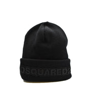 Schwarze Dsquared2 Herren-Strickmütze aus Wolle mit geripptem Bündchen und erhabenem, dunkelgrauem Logo-Print für Herbst und Winter
