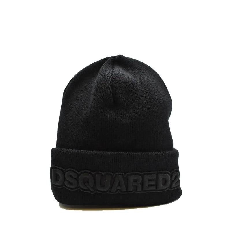 Schwarze Dsquared2 Herren-Strickmütze aus Wolle mit geripptem Bündchen und erhabenem, dunkelgrauem Logo-Print für Herbst und Winter