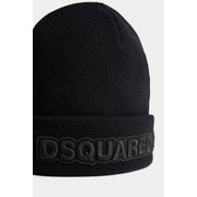 Schwarze, gerippte Wollmütze mit umgeschlagenem Bündchen und geprägtem dsquared2-Logo für Herren im Herbst und Winter