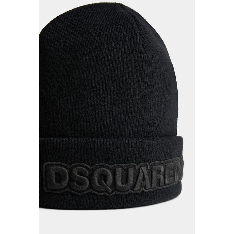 Schwarze, gerippte Wollmütze mit umgeschlagenem Bündchen und geprägtem dsquared2-Logo für Herren im Herbst und Winter