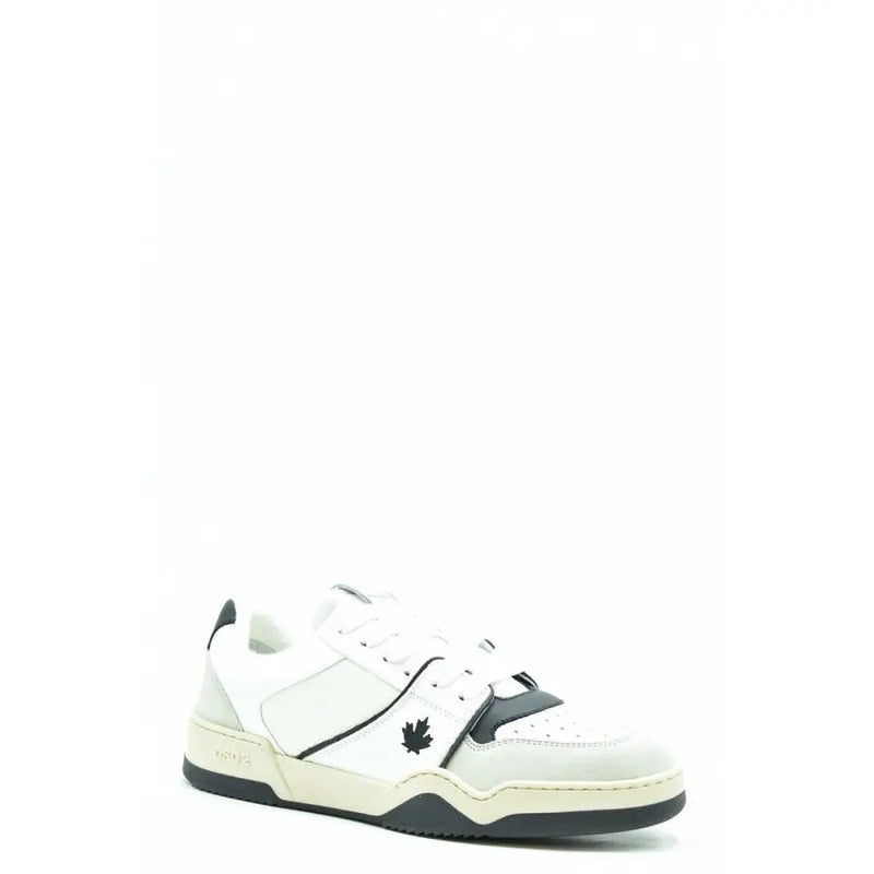 Dsquared2 Herrenschuhe, weiß und schwarz, niedrigtop Sneaker mit Obermaterial aus Wildleder, perforierter Zehenkappe und schwarzem Ahornblatt-Logo