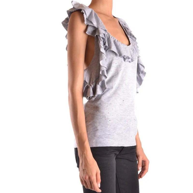 Dsquared2 Damen-Tanktop top graues, ärmelloses Kleid aus Baumwoll-Elastan mit Rüschen an den Schultern und dezenten Glitzerverzierungen