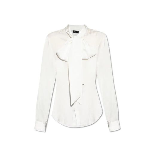 Weiße Damenbluse von Dsquared2 aus Viskose mit elegantem Satin-Finish, auffälliger Schleife und langen Ärmeln.