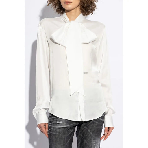 Weiße Viskosebluse von Dsquared2 für Damen mit großer weißer Satinschleife am Ausschnitt für elegantes Tragen