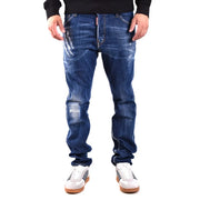 Dsquared2 Used-Look-Jeans für Herren aus dunkelblauem, abgenutztem Denim mit verwaschenen Stellen und Rissen, Rückansicht