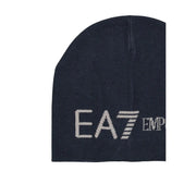 Ea7 Herren-Acrylkappe aus dunkelblauem Strick mit weißem, gesticktem Logo, Vorderansicht