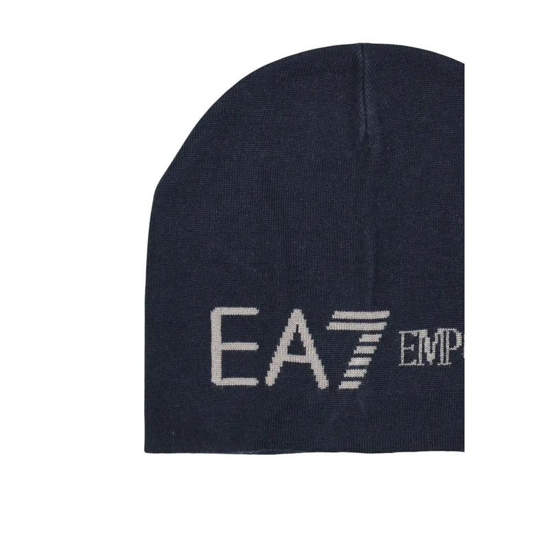 Ea7 Herren-Acrylkappe aus dunkelblauem Strick mit weißem, gesticktem Logo, Vorderansicht