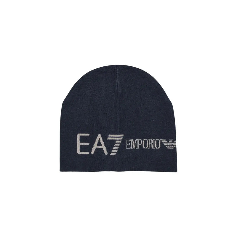 Ea7 Emporio Armani Acrylkappe für Herren aus marineblauem Strick mit weißer Logostickerei, Vorderansicht