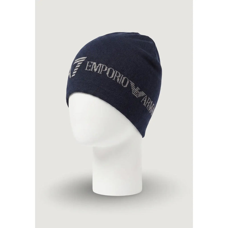 Emporio Armani EA7 Acrylkappe für Herren in Marineblau mit silbernem, gesticktem Logo, Vorderansicht