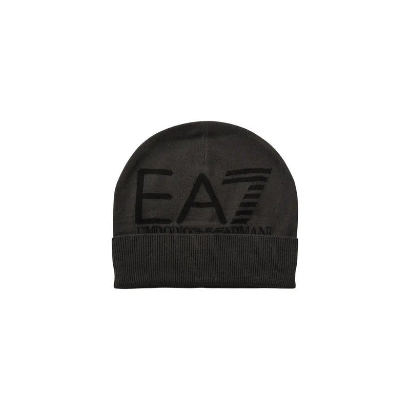 EA7-Mütze für Herren aus schwarzem Strick mit passender EA7-Logostickerei, Vorderansicht