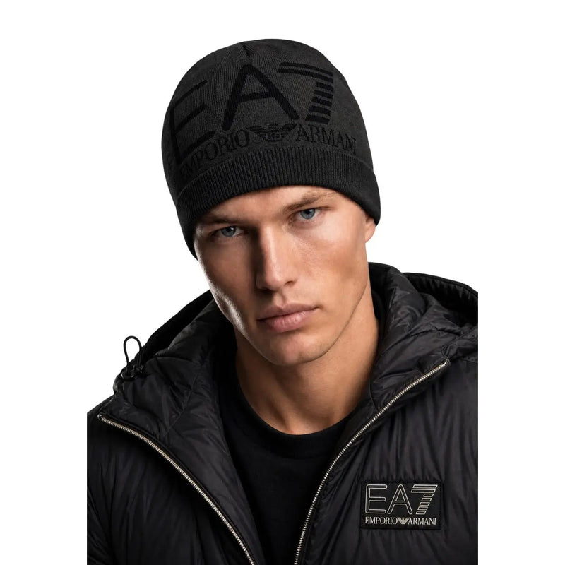 Ea7 Schwarze Strickmütze für Herren mit gesticktem ea7 Emporio Armani Logo, Vorderansicht