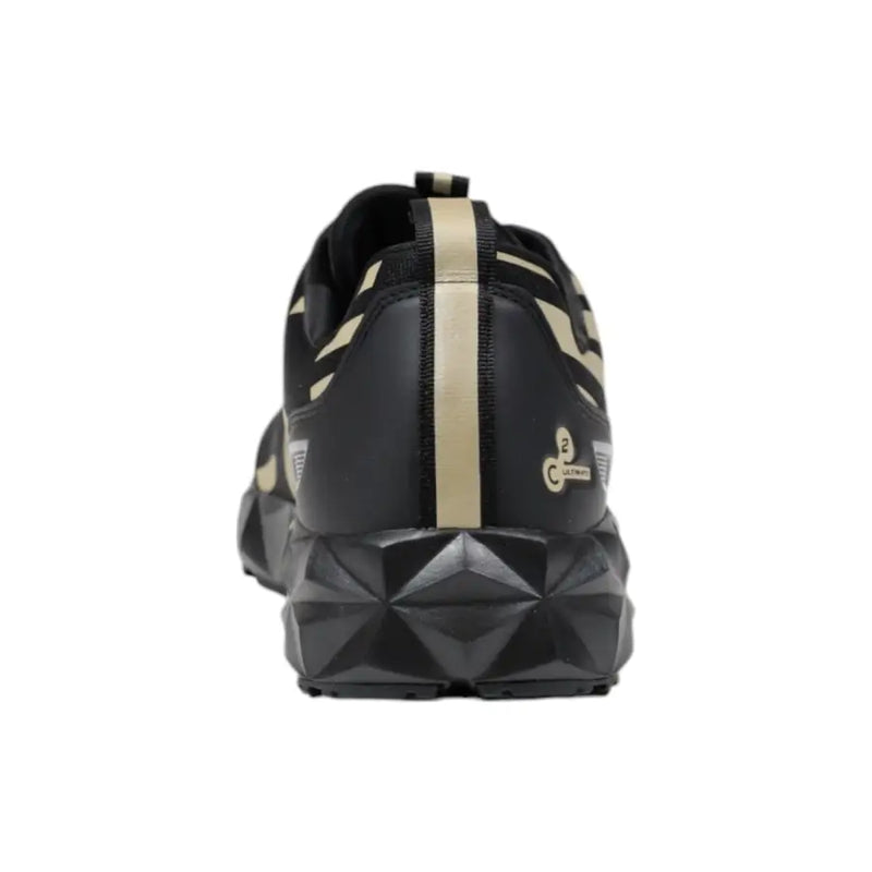 Ea7 Schwarzer und beiger Herren-Sportschuh mit schwarzem und goldenem Obermaterial und geometrisch strukturierter Gummisohle