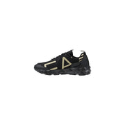 EA7 black beige men’s athletic sneakers with gold geometric logo accents and a textured chunky sole