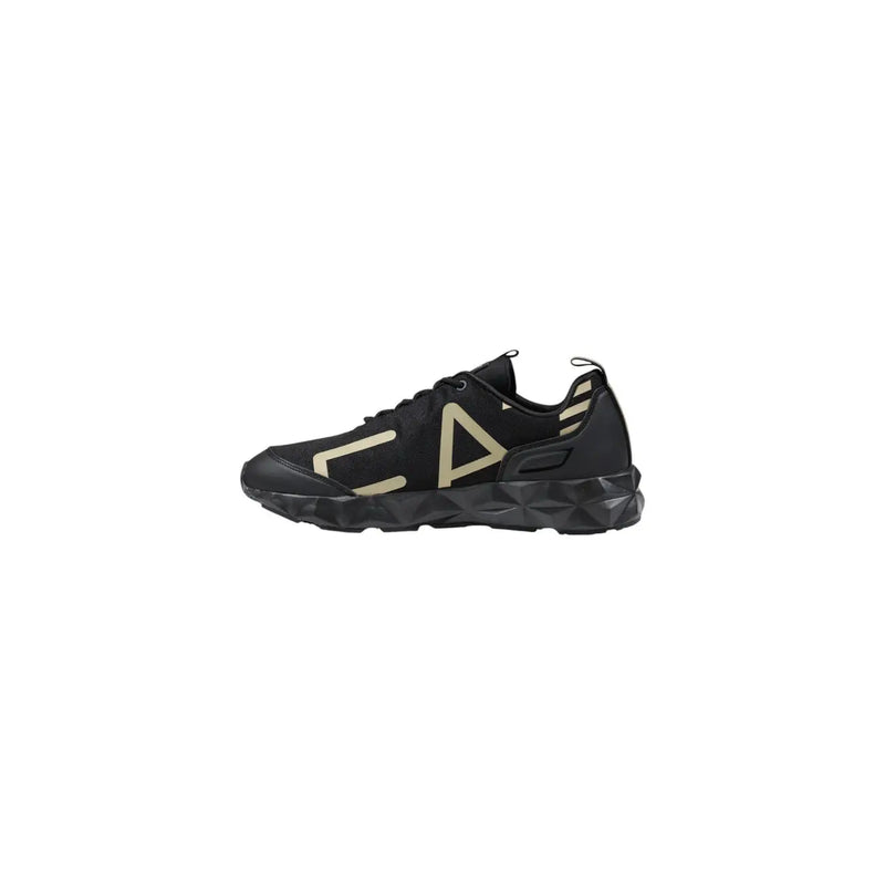 EA7 black beige men’s athletic sneakers with gold geometric logo accents and a textured chunky sole