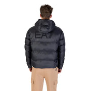 Ea7 black puffer jacket with hood and logo on the back.